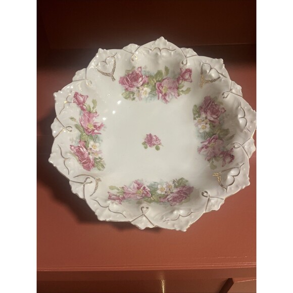 Antique MZ AUSTRIA Hand Painted Bowl Pink Roses Embossed Mold Victorian - Picture 1 of 8